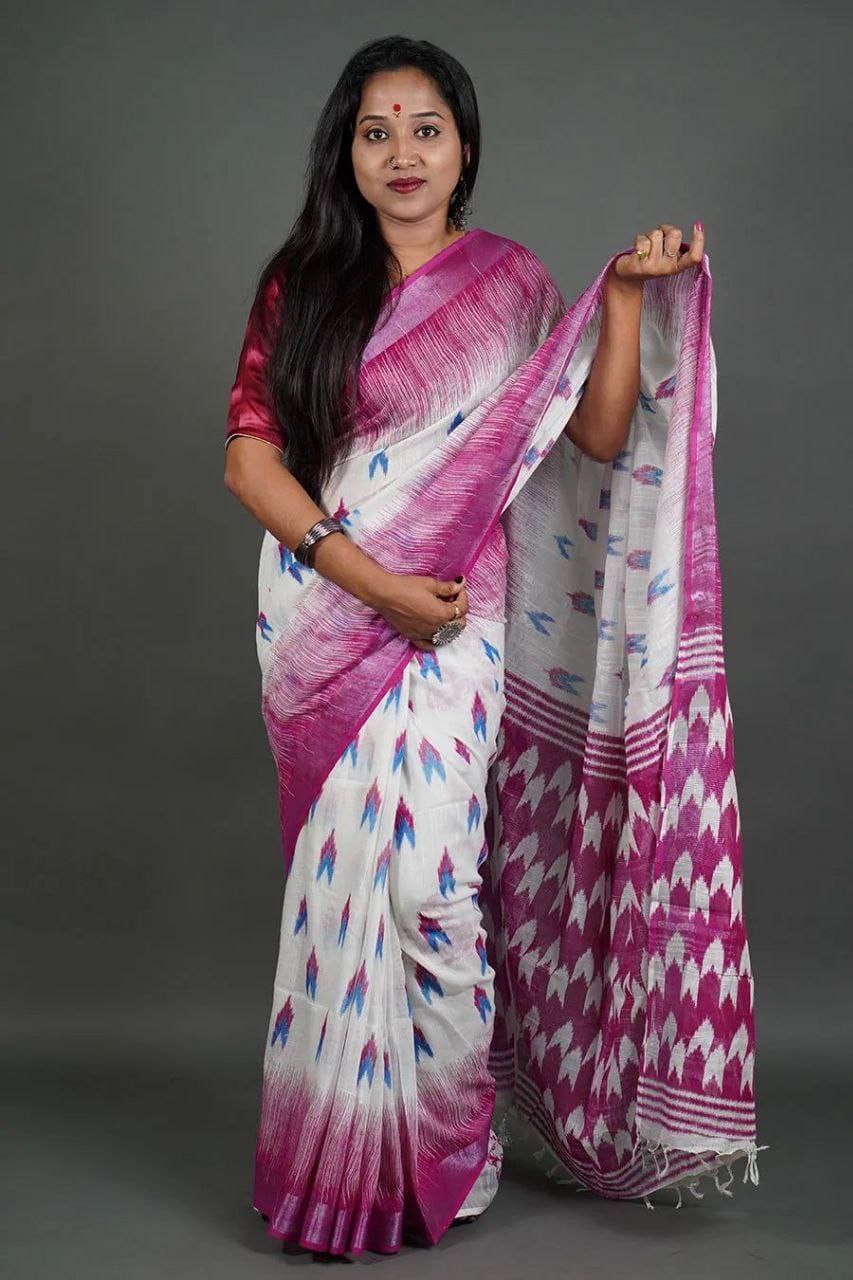 Magenta Digital Formal Printed Linen Saree
