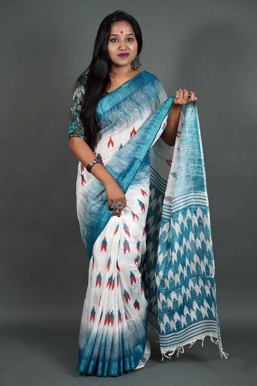 Teal Digital Formal Printed Linen Saree