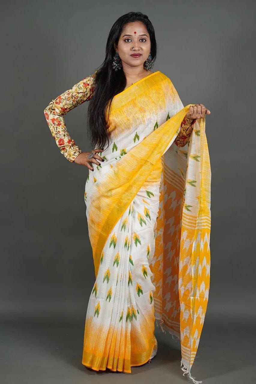 Yellow Digital Formal Printed Linen Saree