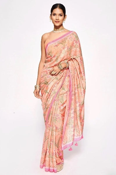 Peach Digital Printed Chinon Silk Saree