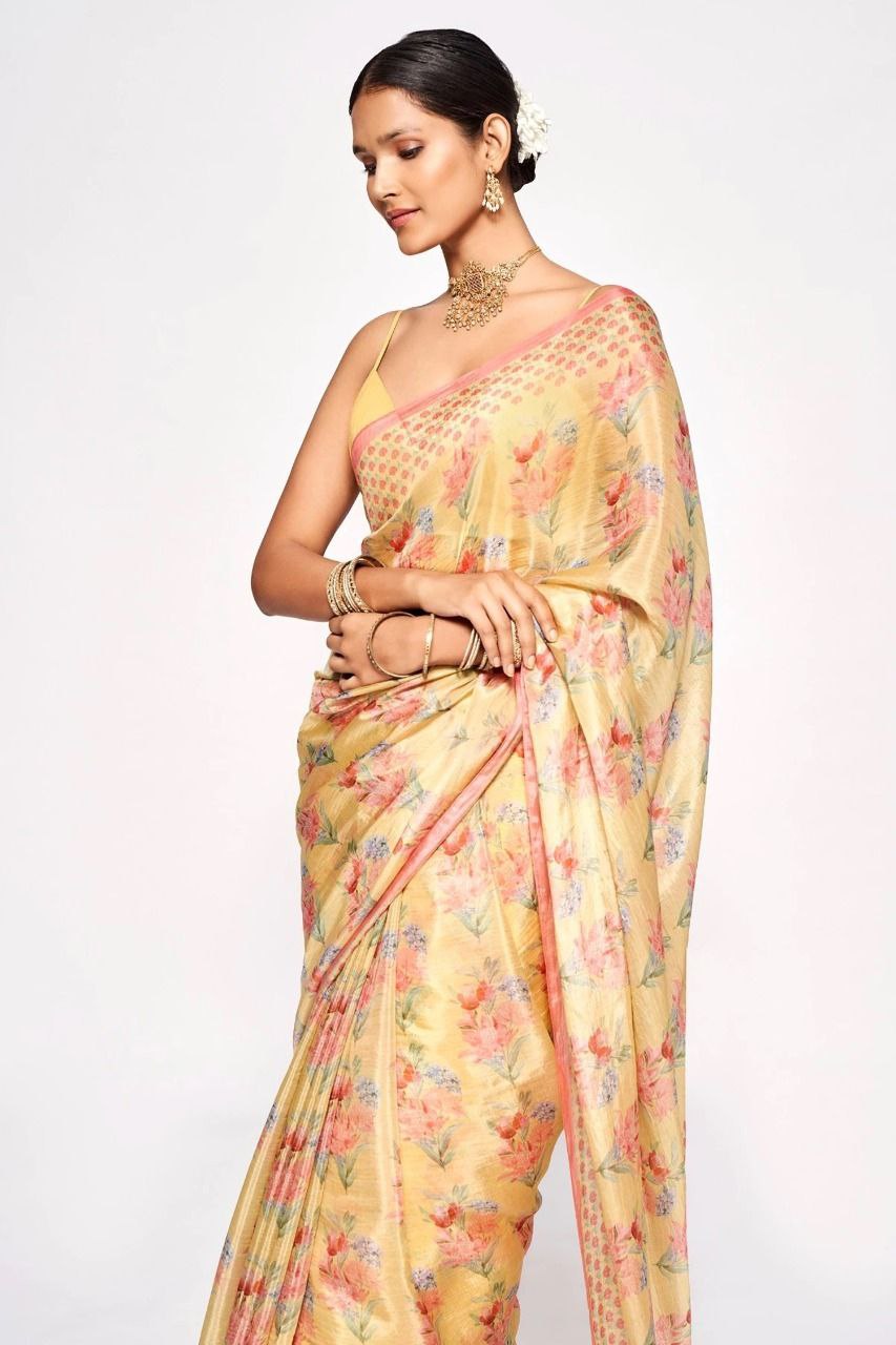 Yellow Digital Printed Chinon Silk Saree