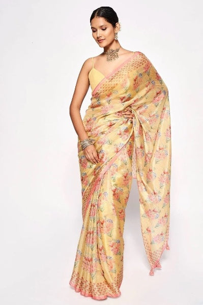 Yellow Digital Printed Chinon Silk Saree