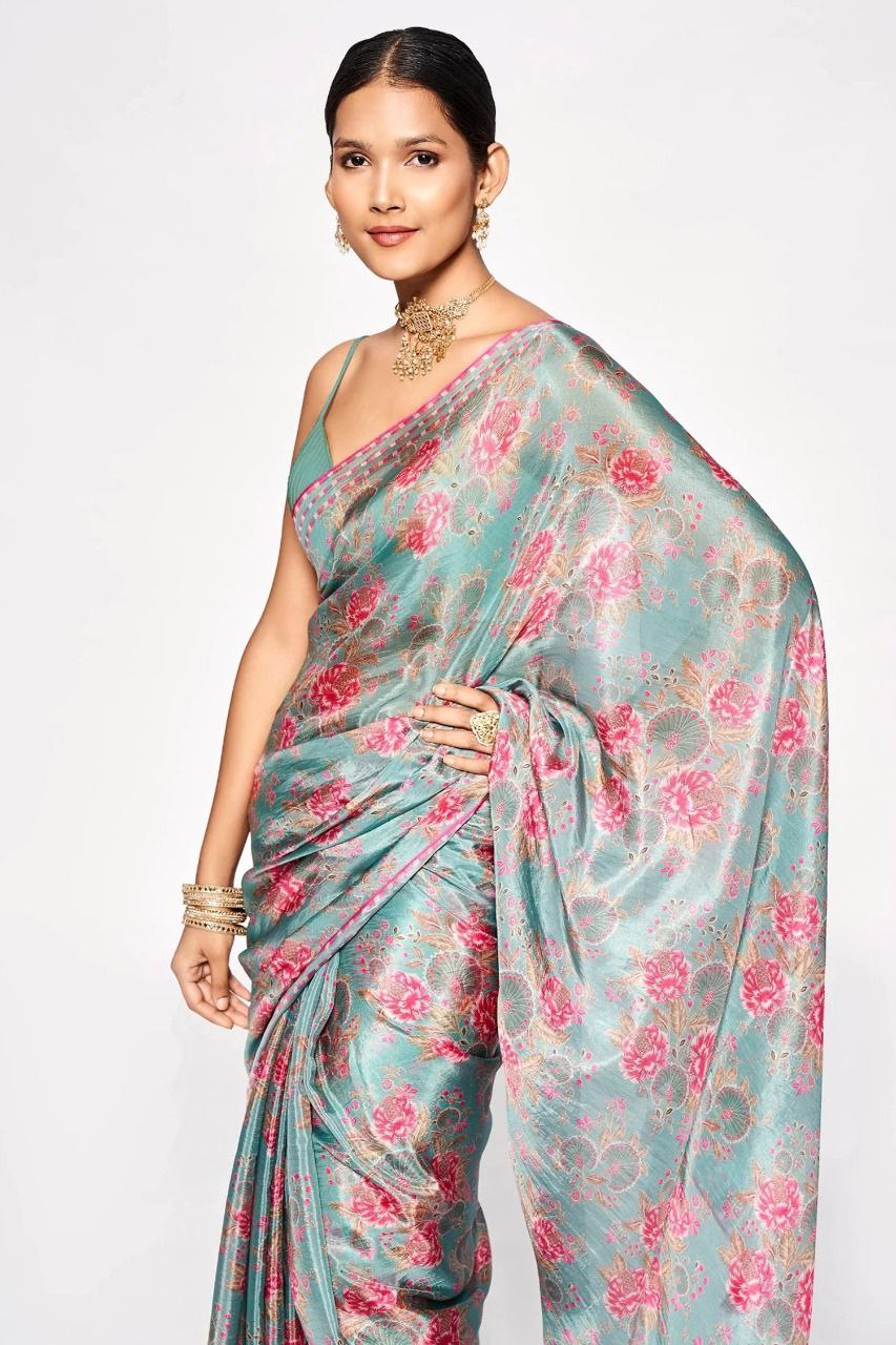 Gray Digital Printed Chinon Silk Saree