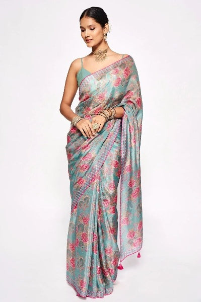 Gray Digital Printed Chinon Silk Saree