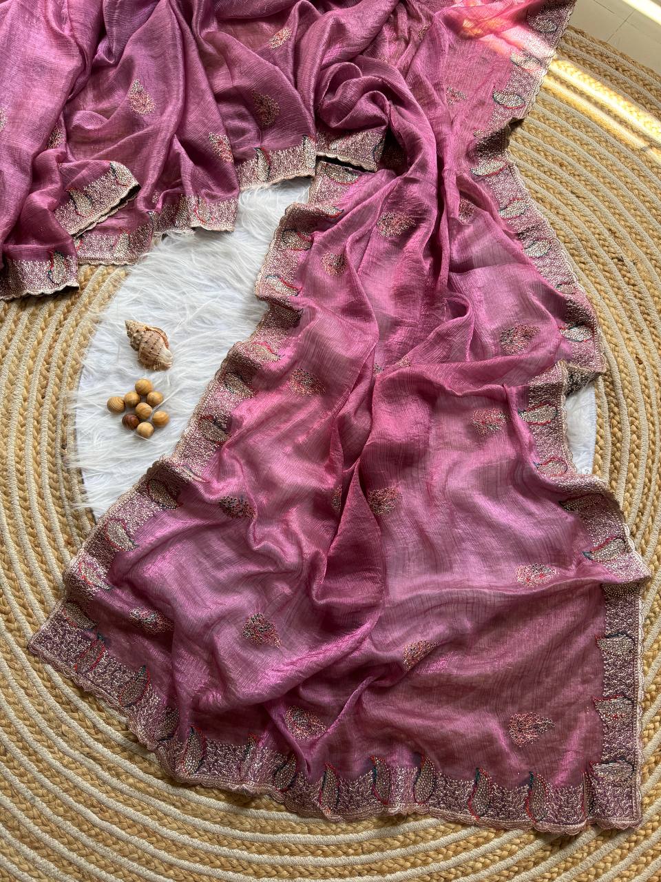 Dusky Purple Party Wear Gold Silk Saree