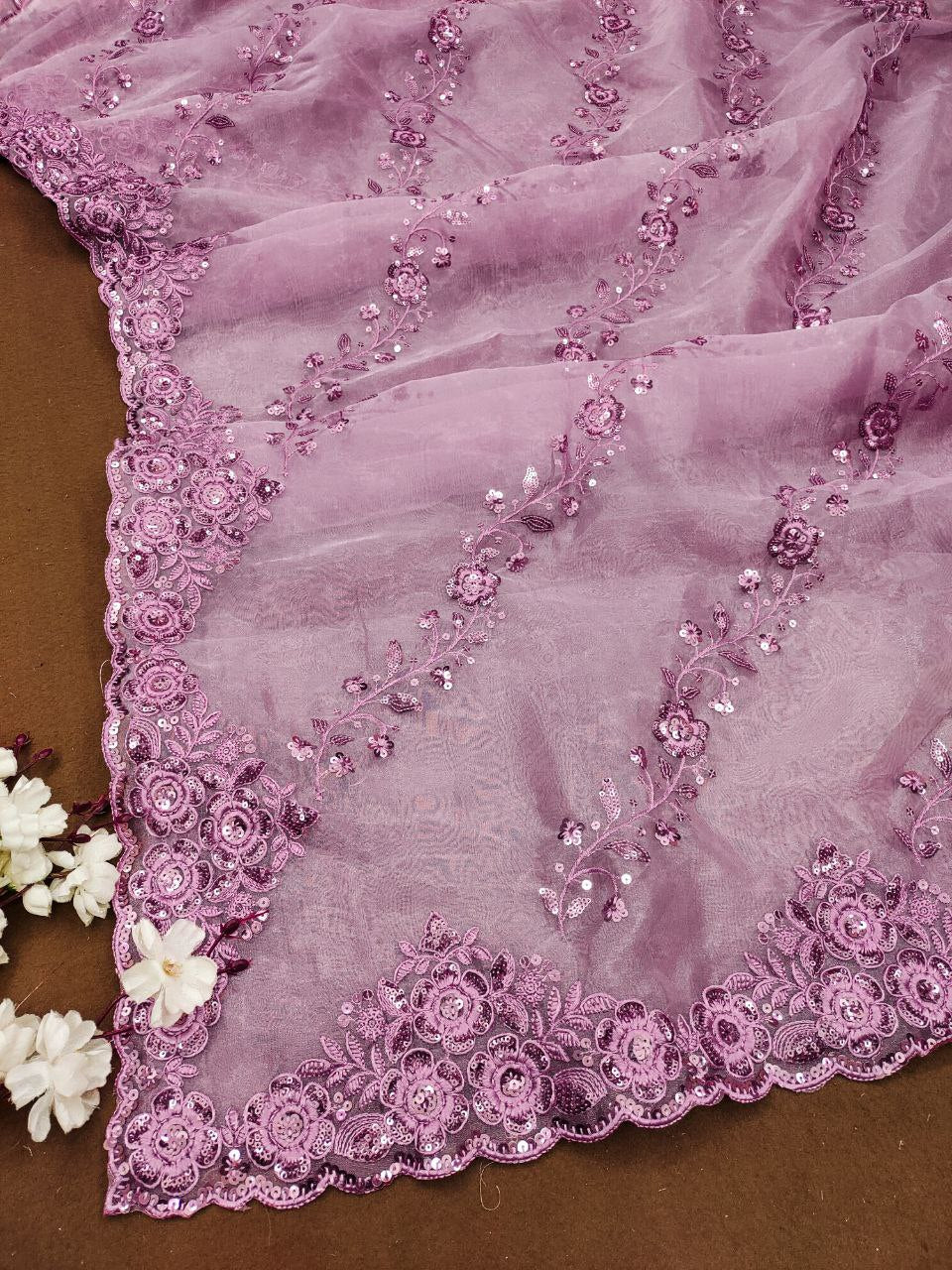 Dusty Lavender Designer Organza Silk Saree
