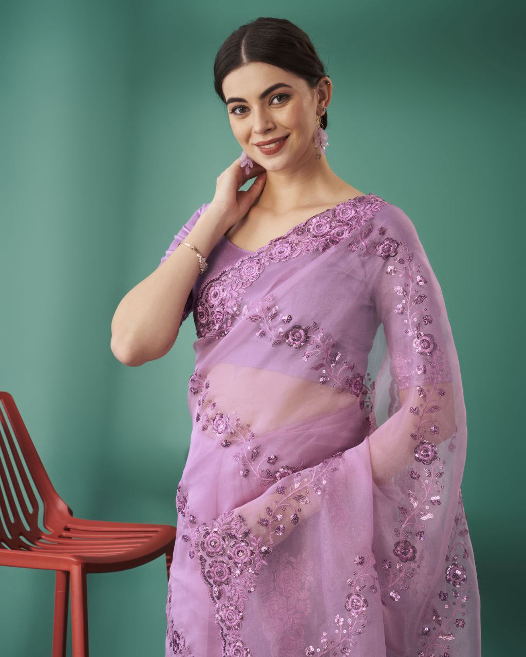 Dusty Lavender Designer Organza Silk Saree