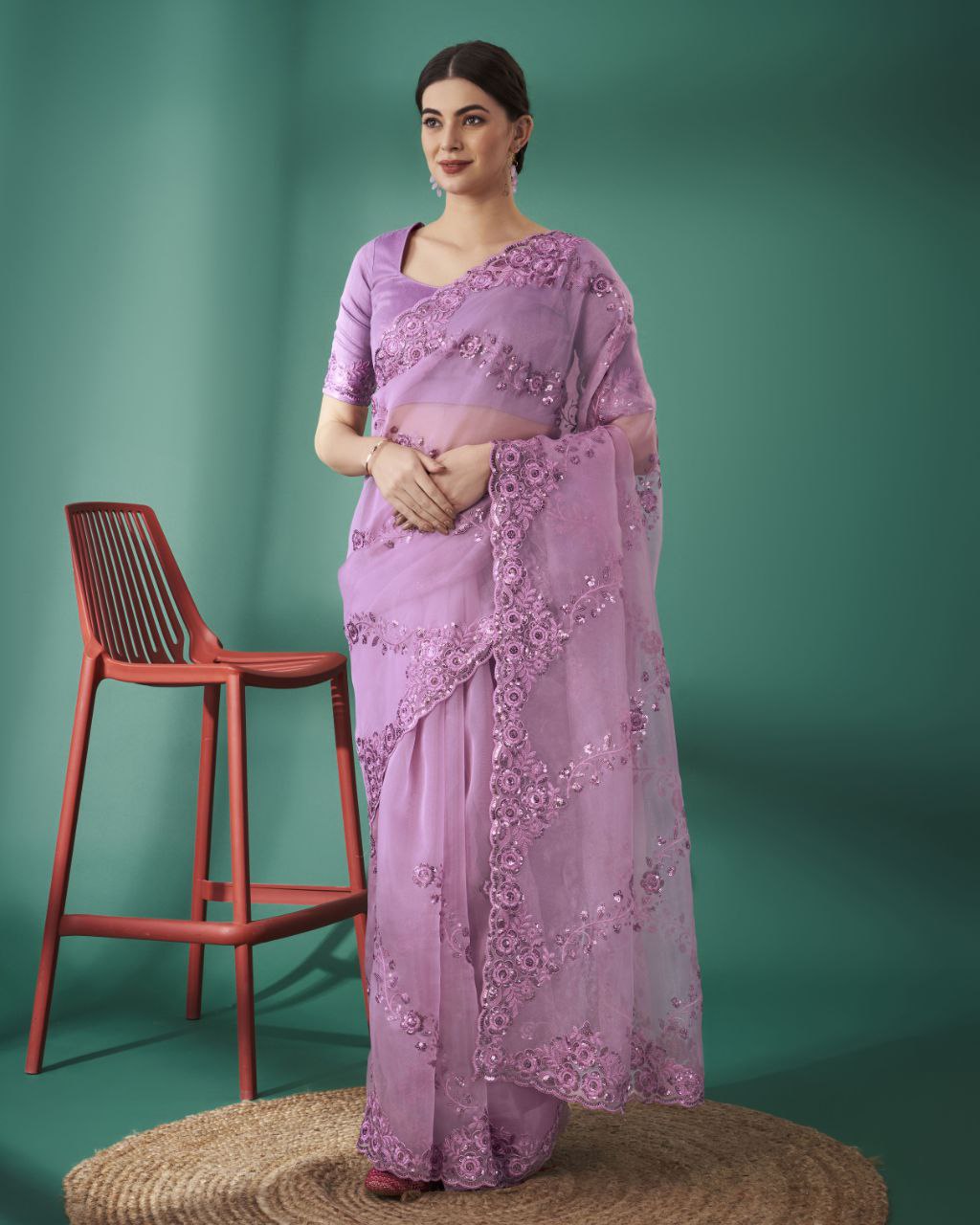 Dusty Lavender Designer Organza Silk Saree