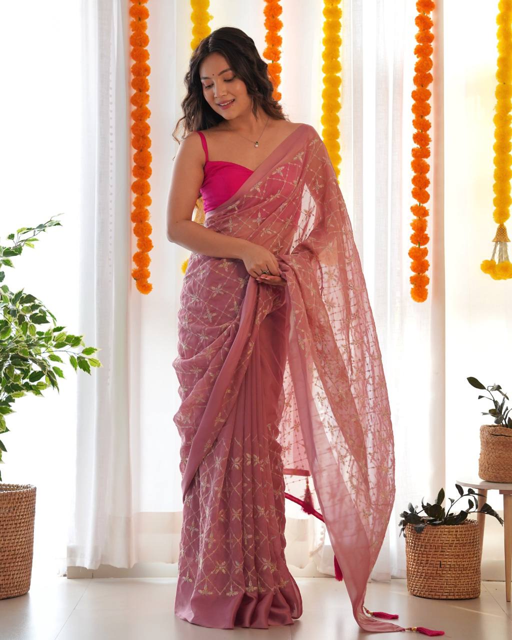 Dusty Lavender Party Wear Satin Georgette Saree