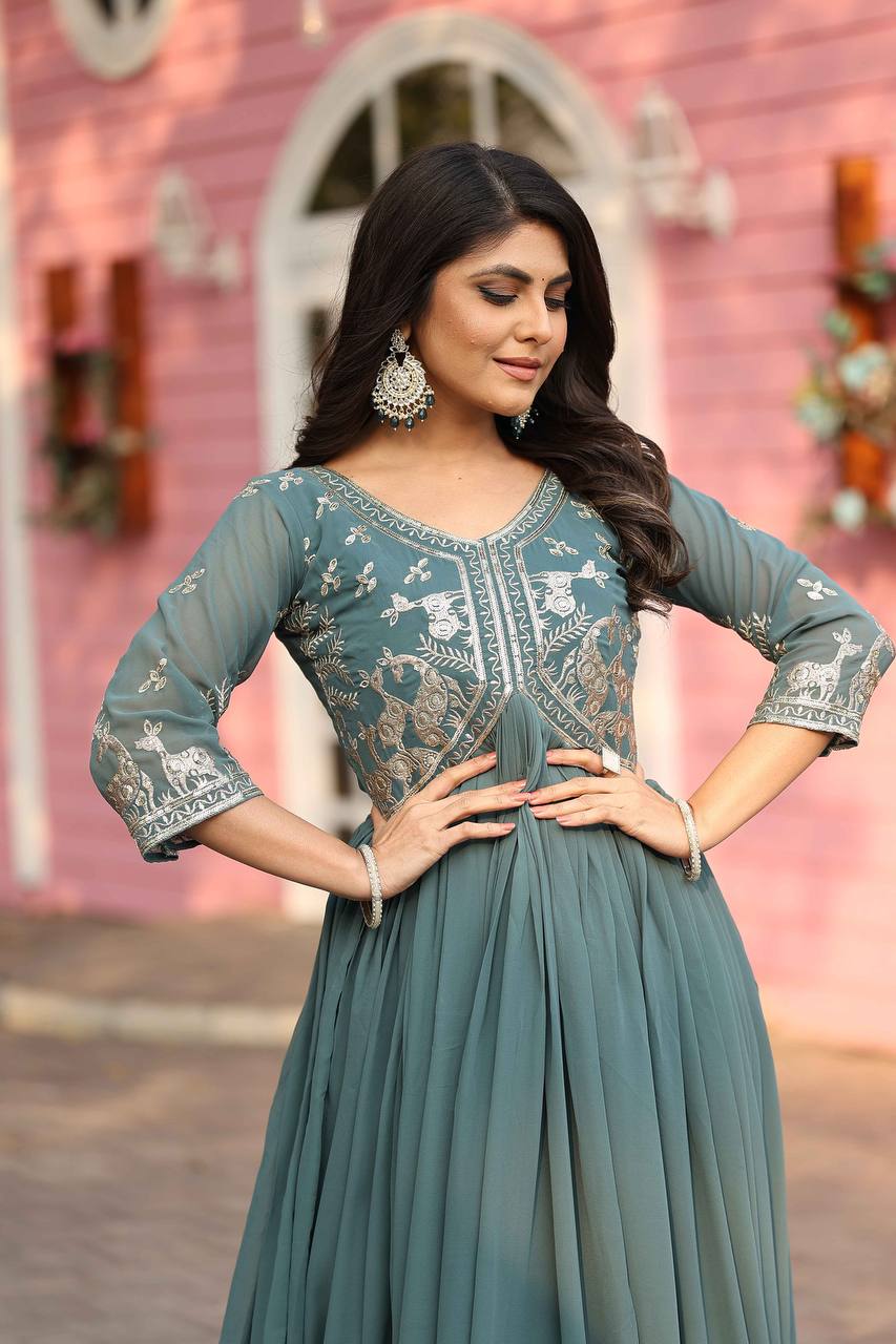 Dusty Teal Designer Georgette Gown Dress