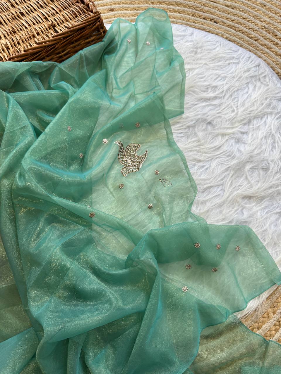 Dusty Teal Stylish Pure Tissue Silk Saree