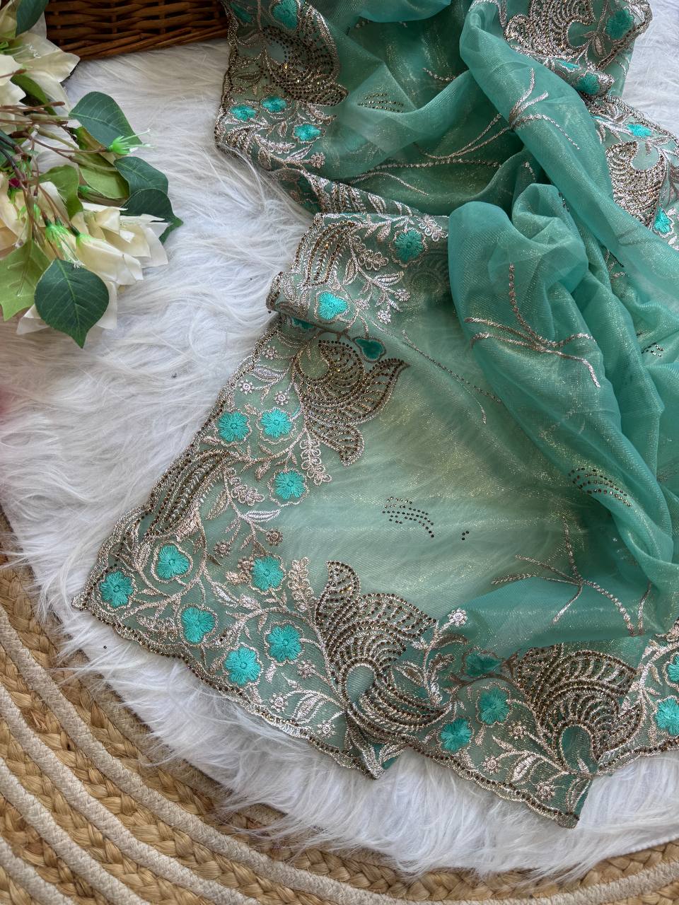 Dusty Teal Stylish Pure Tissue Silk Saree