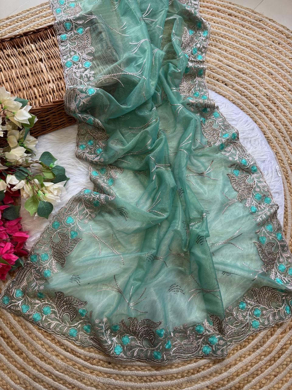 Dusty Teal Stylish Pure Tissue Silk Saree