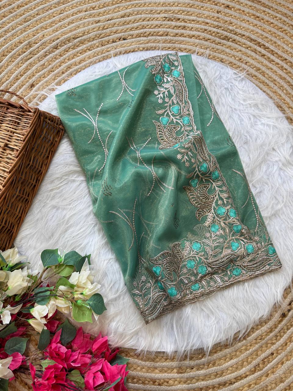 Dusty Teal Stylish Pure Tissue Silk Saree