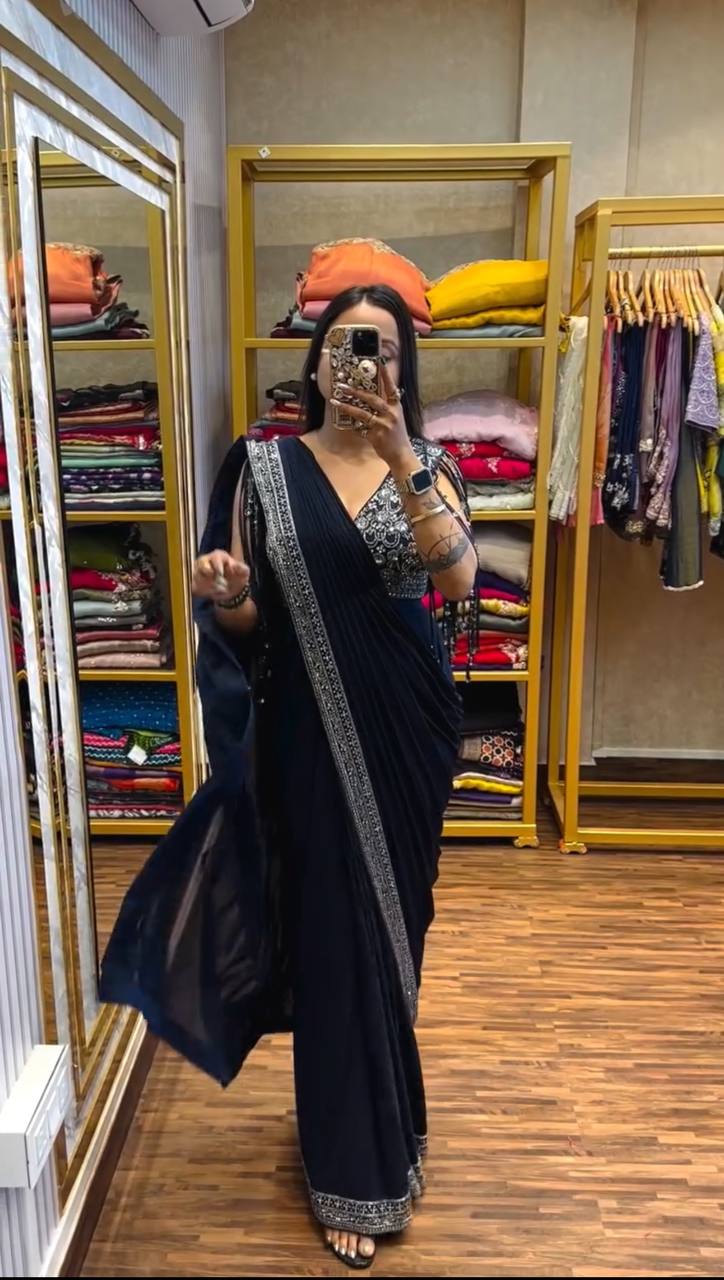 Elephant Blue Ready To Wear Georgette Saree