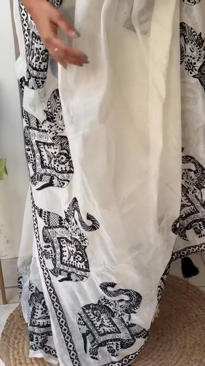 Elephant Printed White Cotton Saree