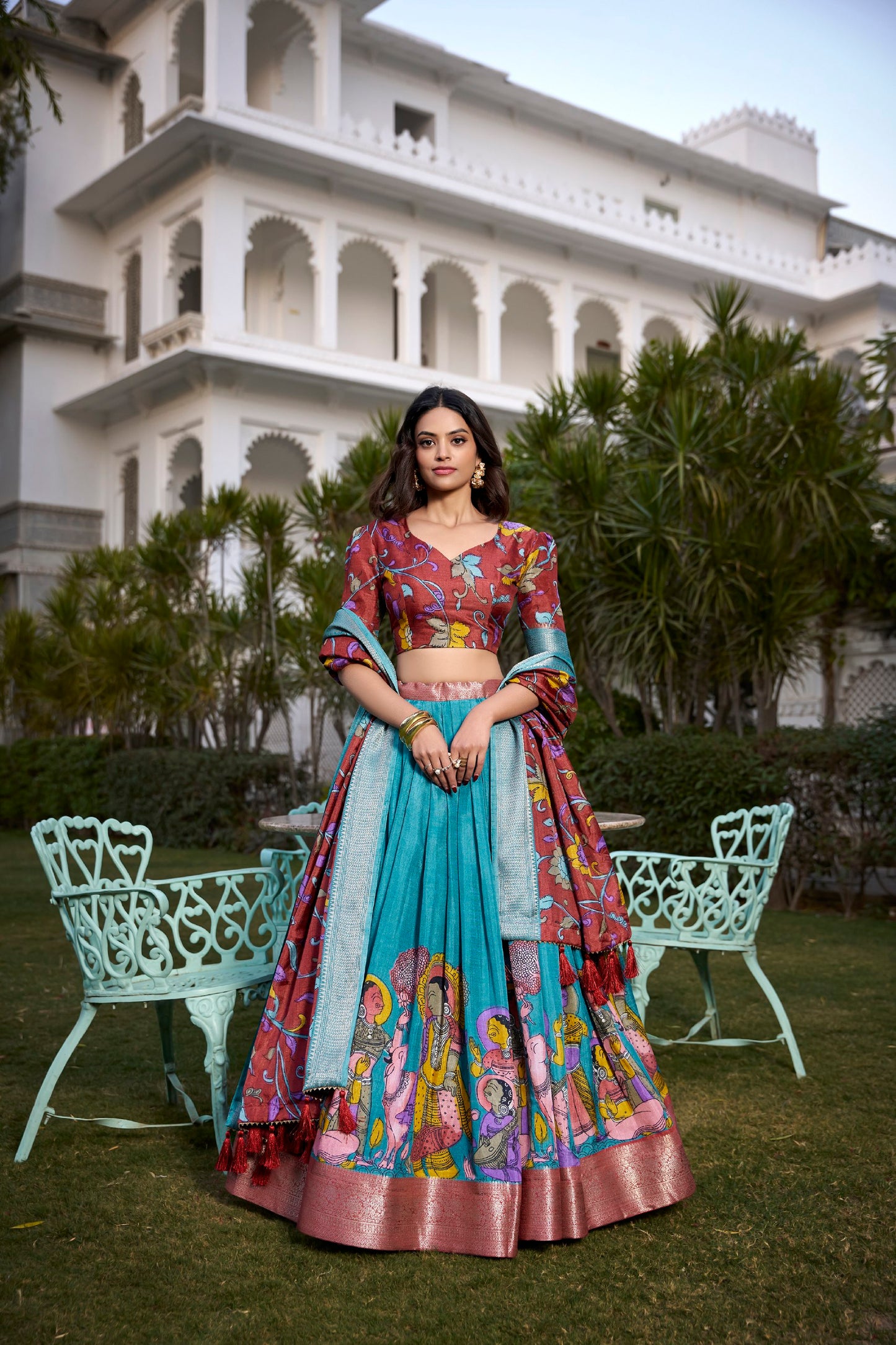 Firozi Kalamkari Printed Dola Silk Lehenga