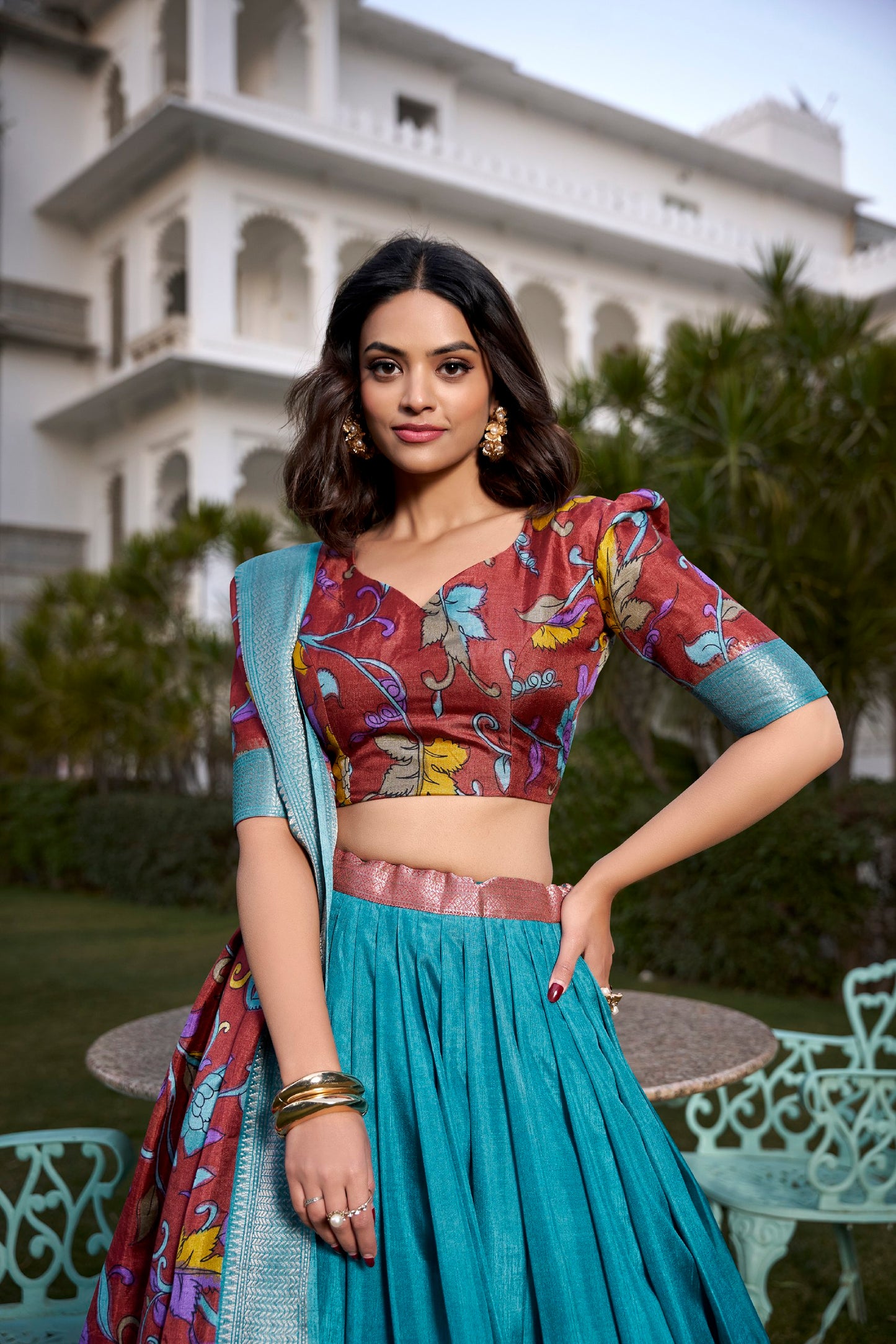 Firozi Kalamkari Printed Dola Silk Lehenga