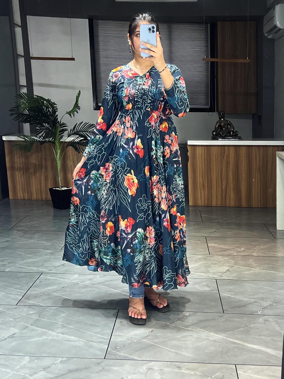 Floral Designer Printed Chinon Gown