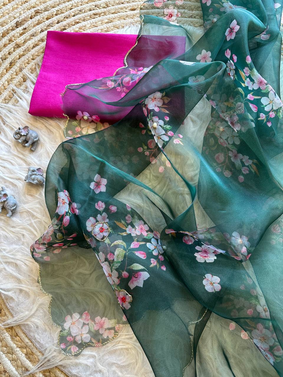 Forest Green Floral Organza Silk Saree