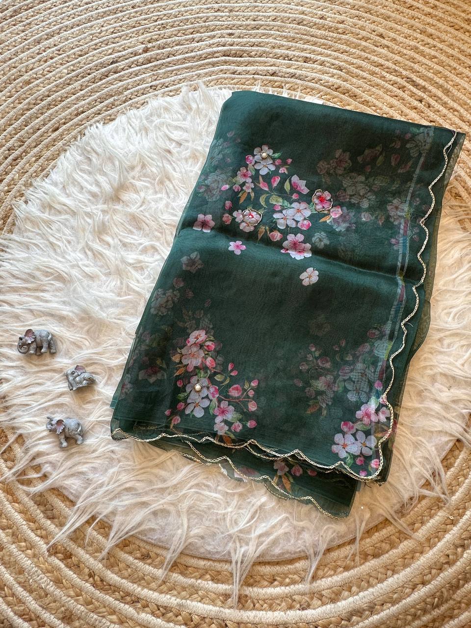 Forest Green Floral Organza Silk Saree