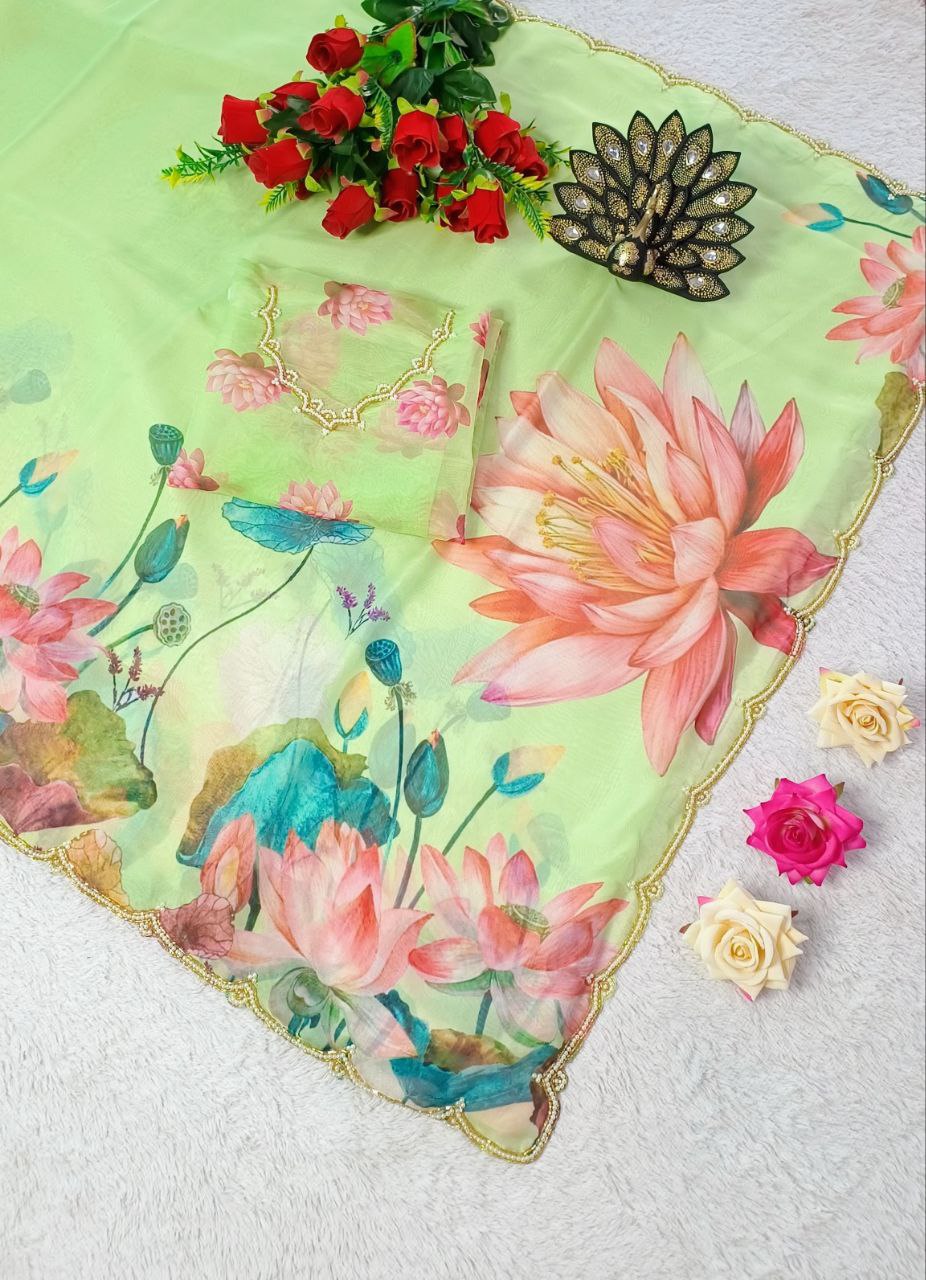 Floral Party Wear Ready Made Organza Silk Saree
