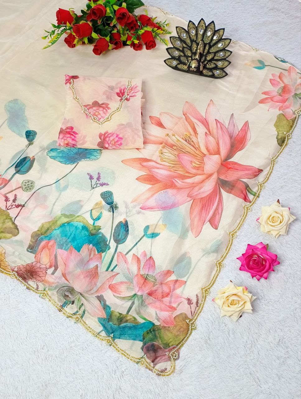 Floral Party Wear Ready Made Organza Silk Saree