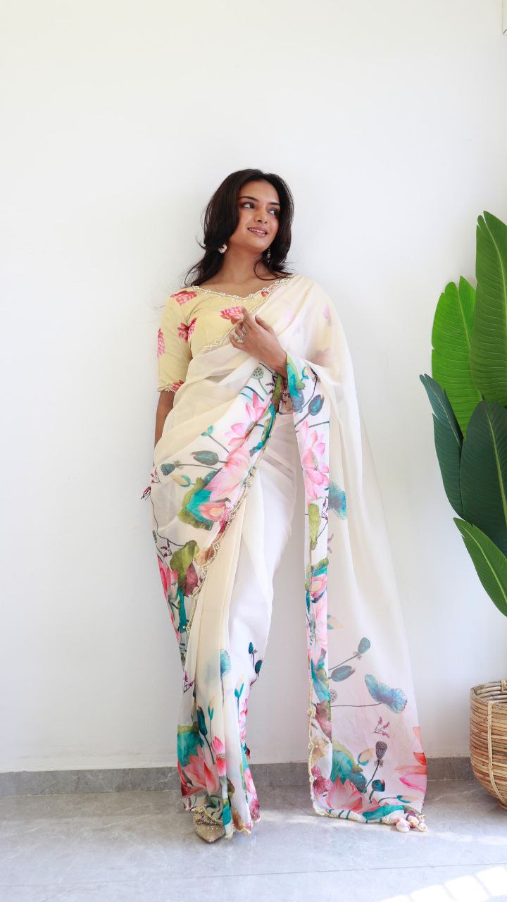 Floral Party Wear Ready Made Organza Silk Saree