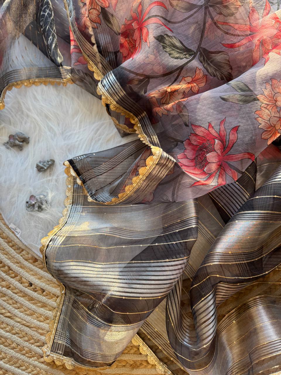 Floral Printed Designer Organza Silk Saree