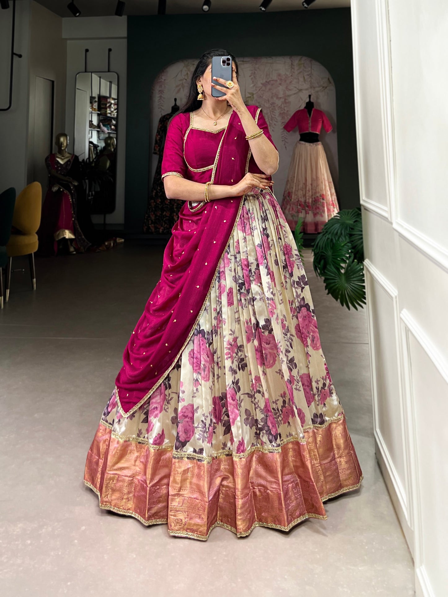 Rani Pink Floral Printed Dola Silk Lehenga