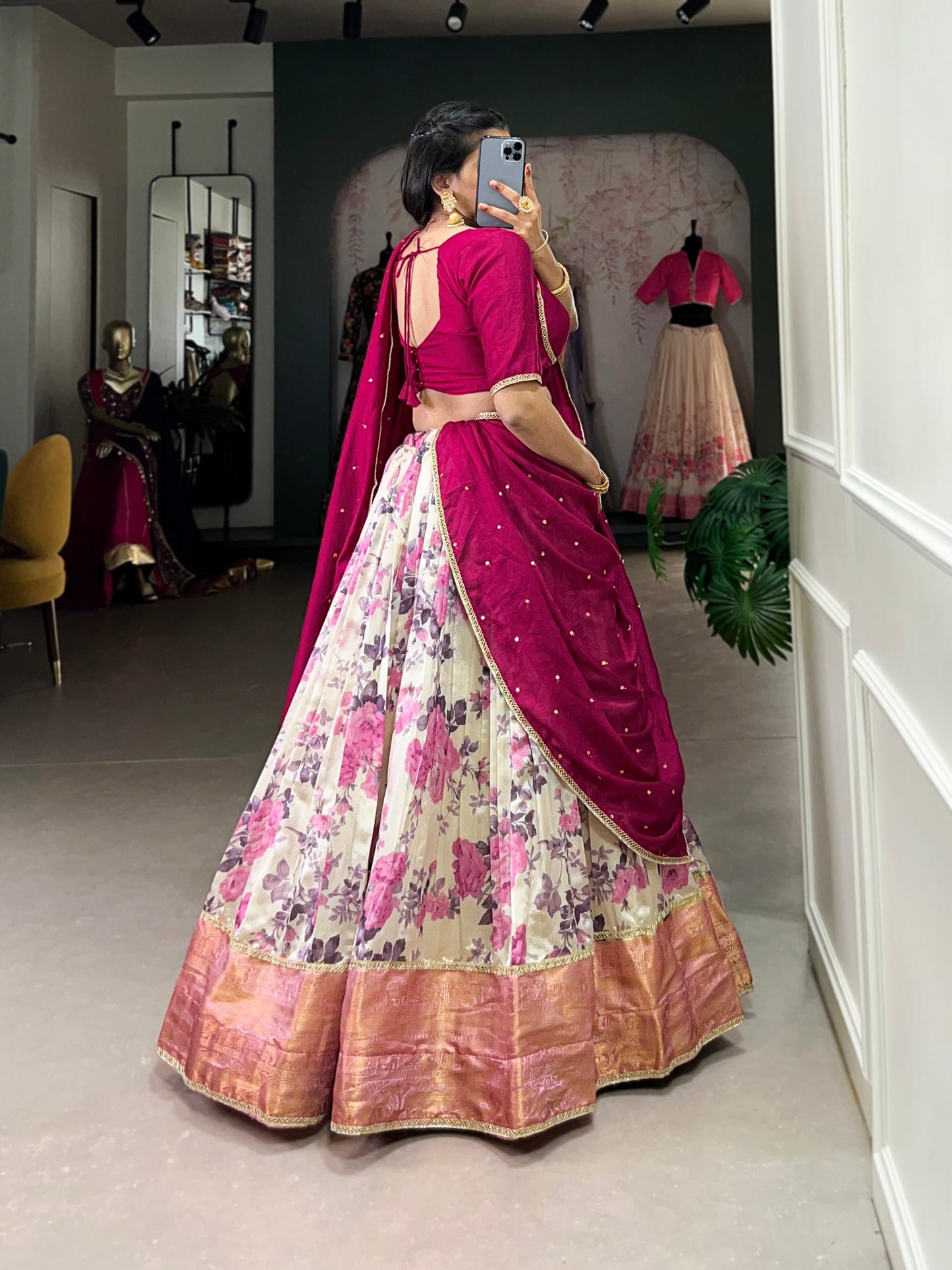 Rani Pink Floral Printed Dola Silk Lehenga