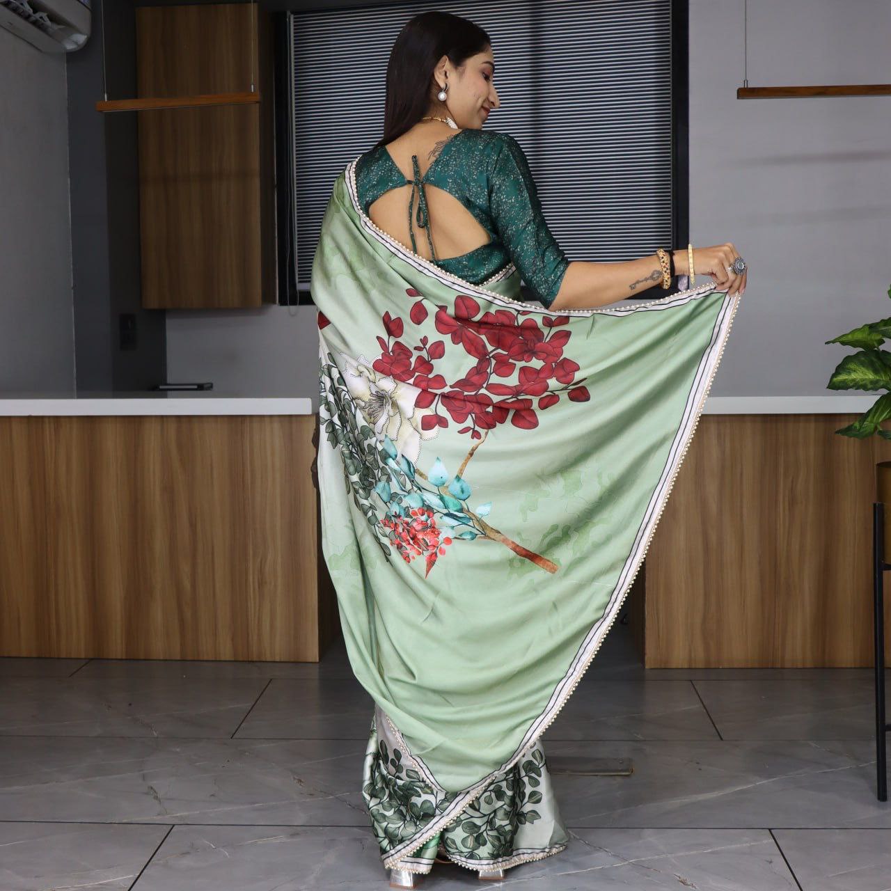 Floral Printed Japan Satin Saree