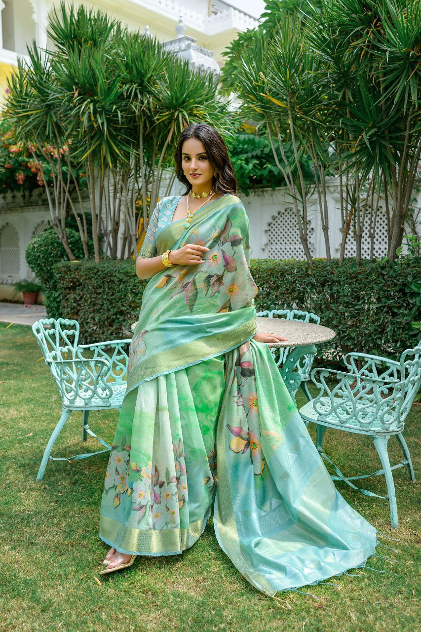 Floral Printed Linen Cotton Saree