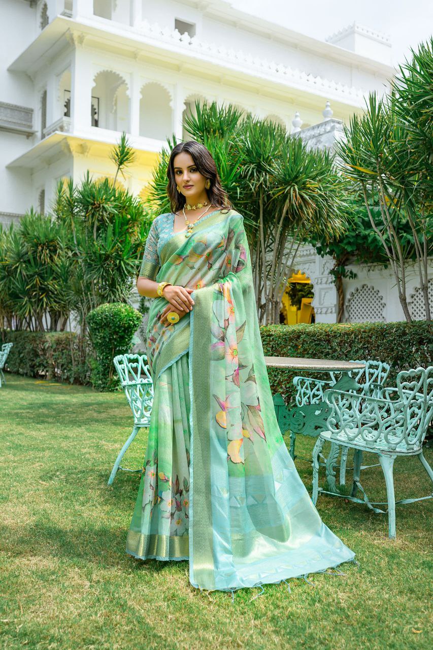 Floral Printed Linen Cotton Saree