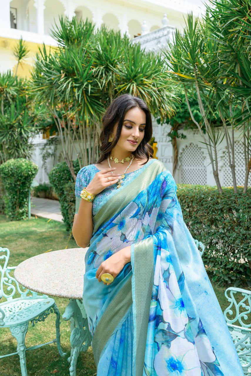 Floral Printed Linen Cotton Saree