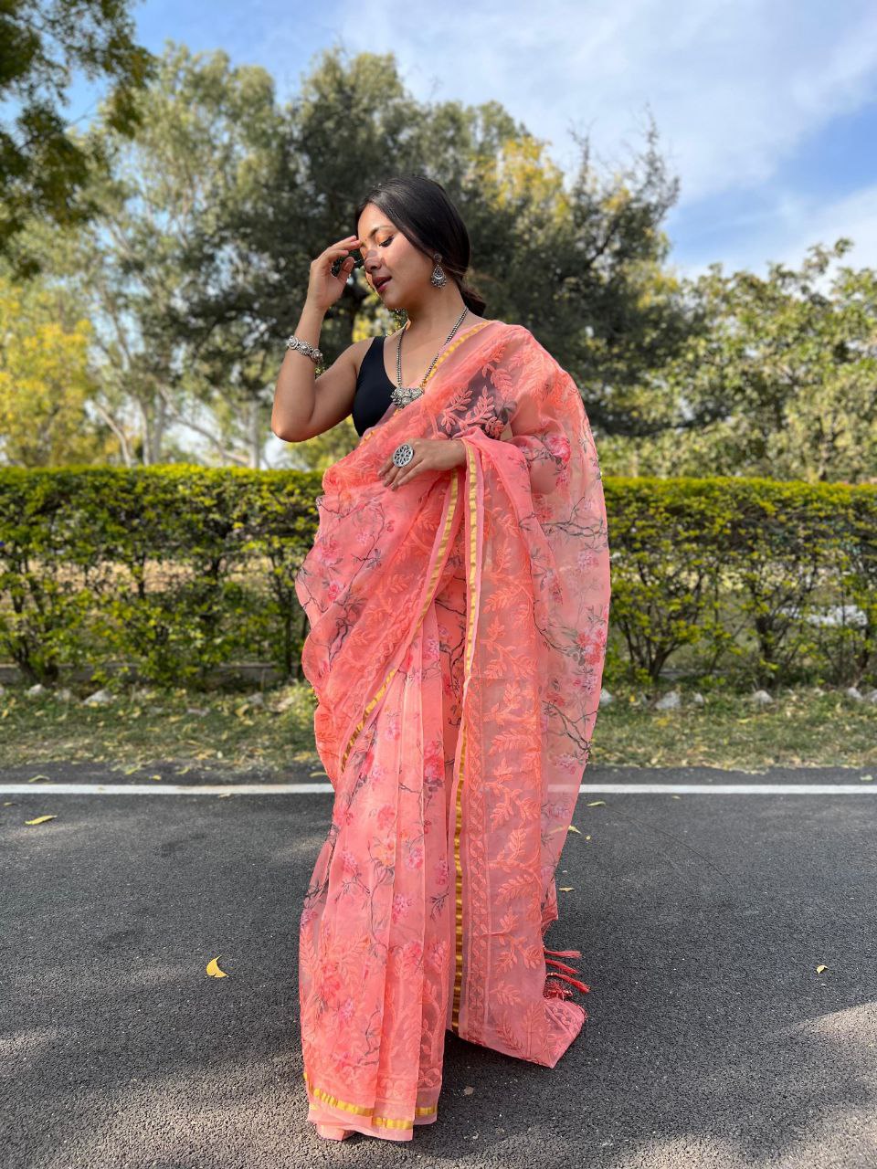 Floral Printed Organza Silk Saree