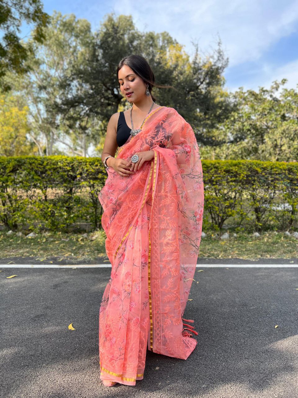 Floral Printed Organza Silk Saree