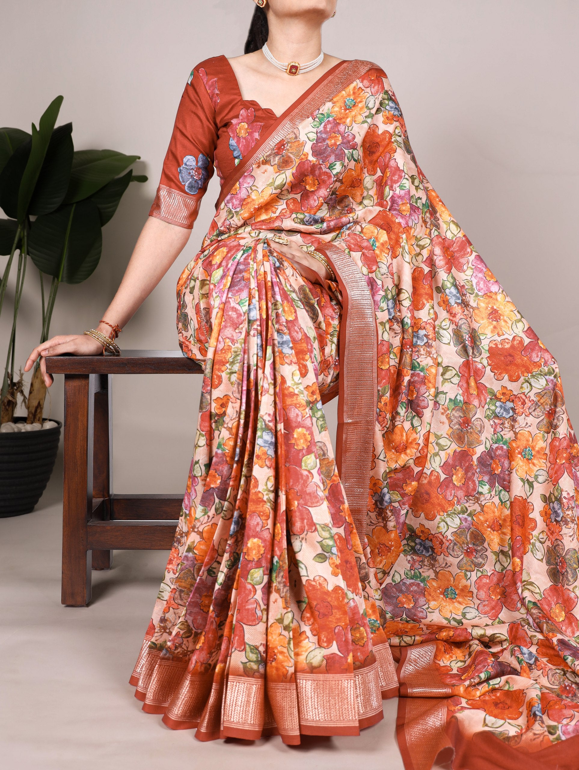Floral Printed Tussar Silk Saree
