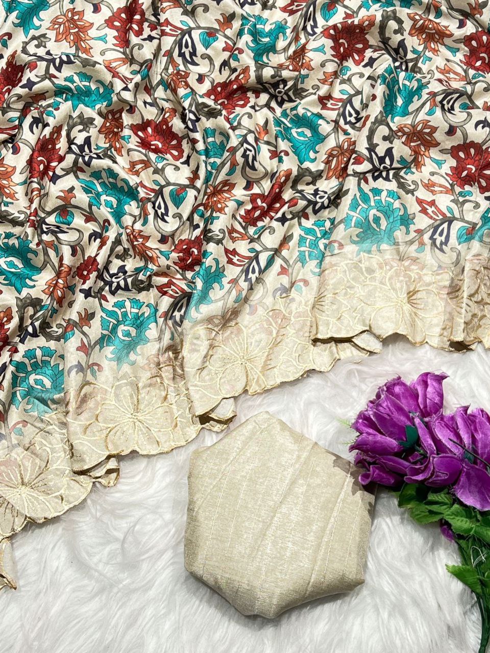 Floral Printed Tussar Silk Saree