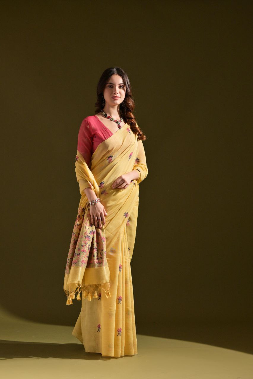 Yellow Floral Weaved Muga Cotton Saree