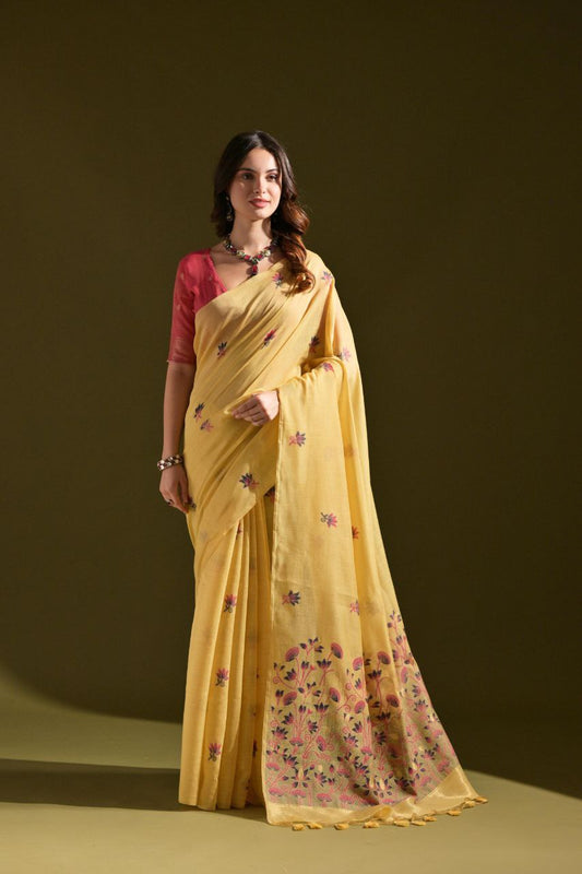 Yellow Floral Weaved Muga Cotton Saree