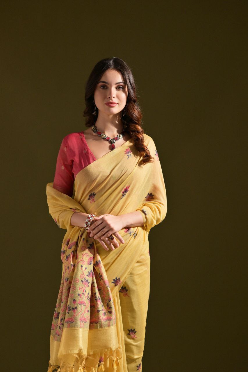 Yellow Floral Weaved Muga Cotton Saree