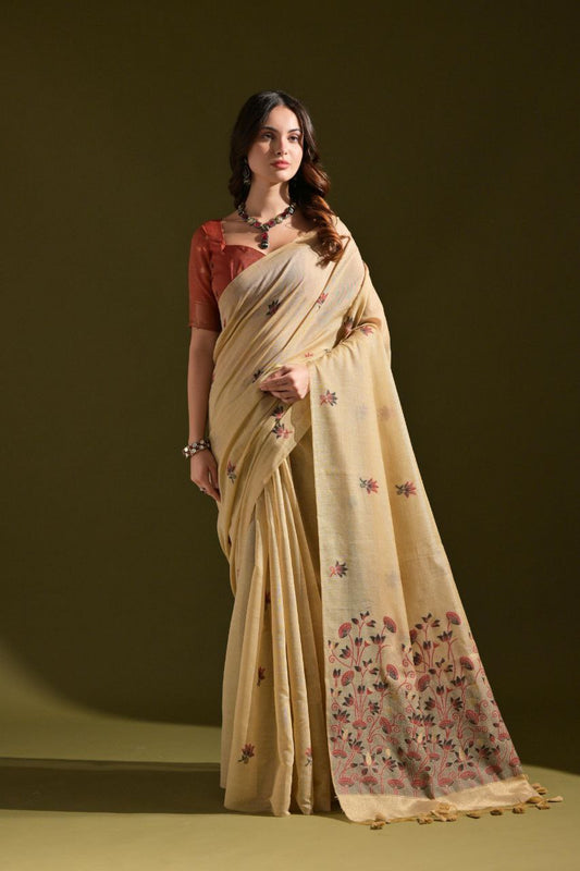 Floral Weaved Muga Cotton Saree