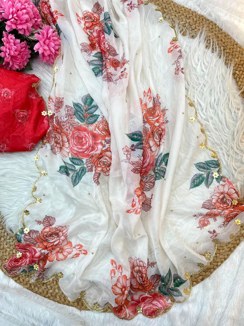 Flower Printed Tebby Silk Saree