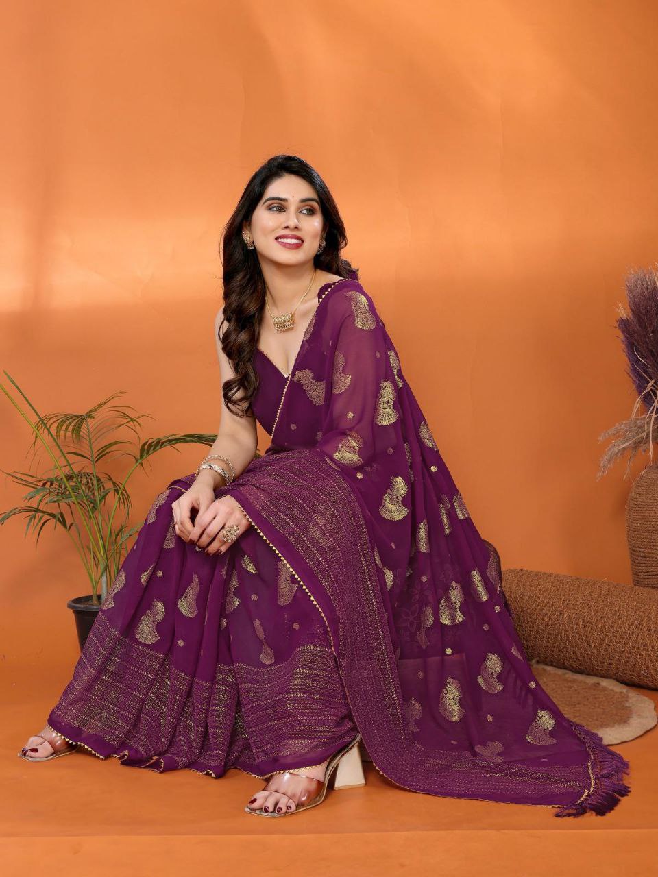Magenta Foil Worked Georgette Saree
