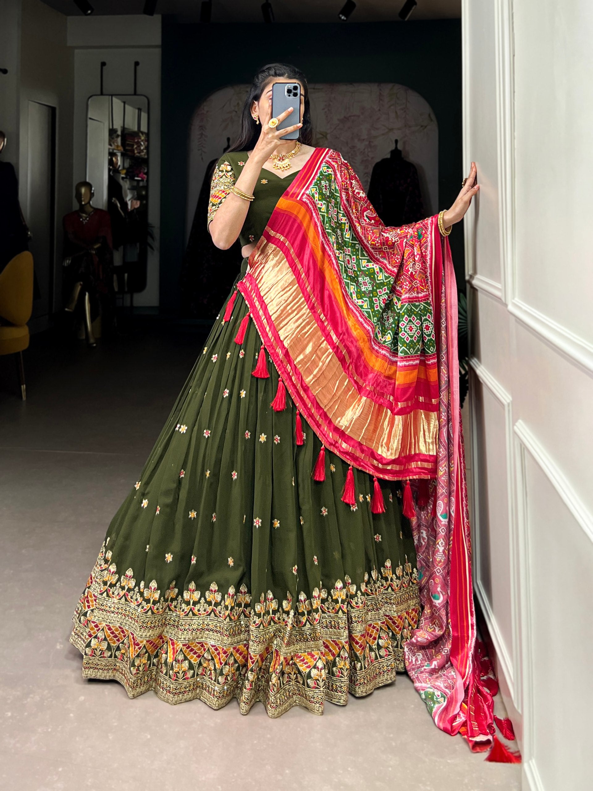 Forest Green Georgette Lehenga With Gajji SIlk Dupatta