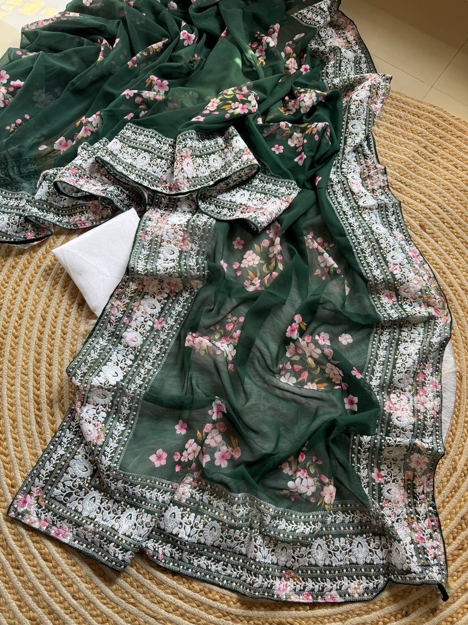 Gable Green Floral Printed Georgette Saree