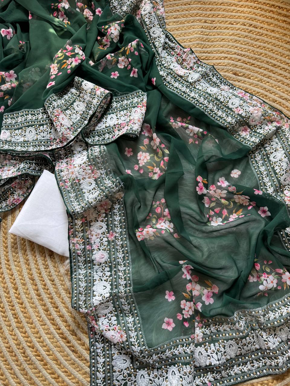 Gable Green Floral Printed Georgette Saree