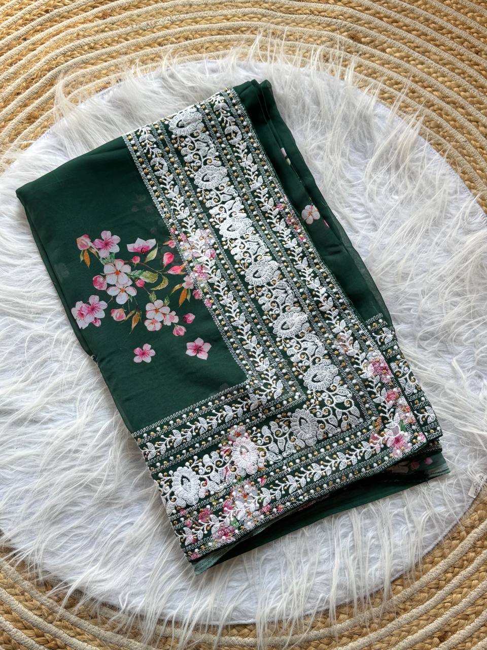 Gable Green Floral Printed Georgette Saree
