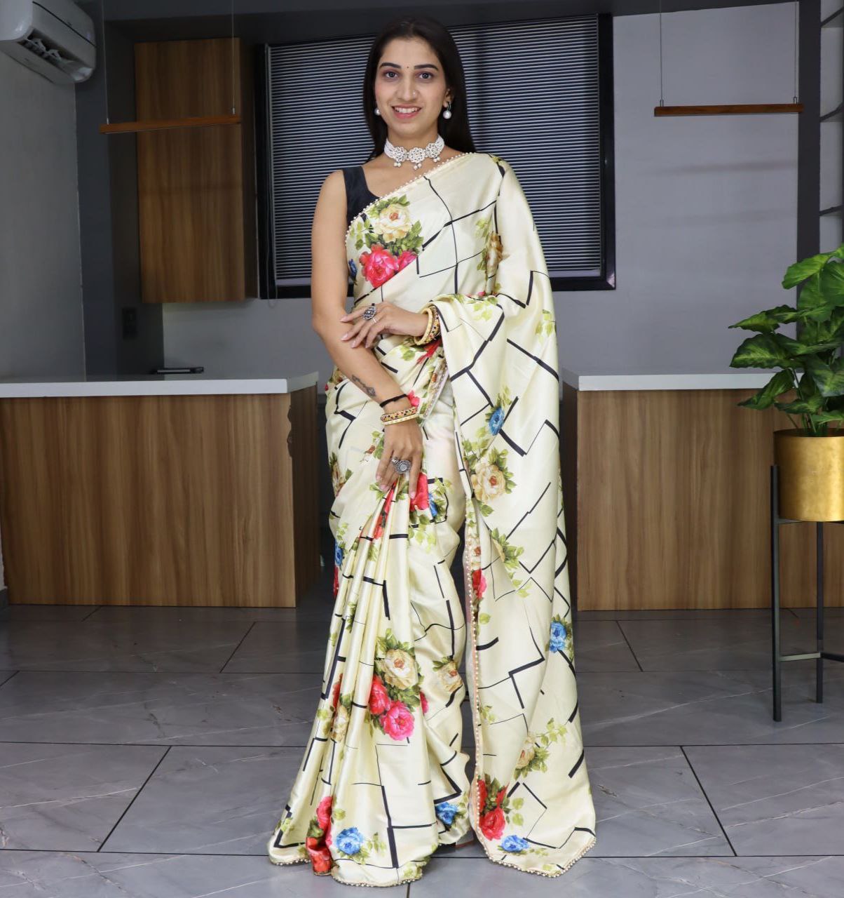 Geomatric Chex Printed Japan Satin Saree